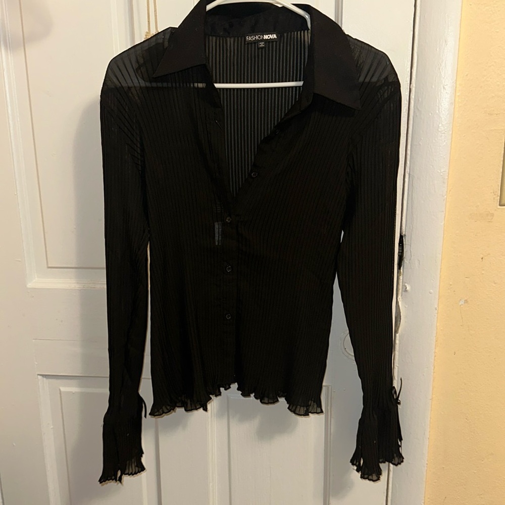 Fashion Nova Pleated Sheer Button Up